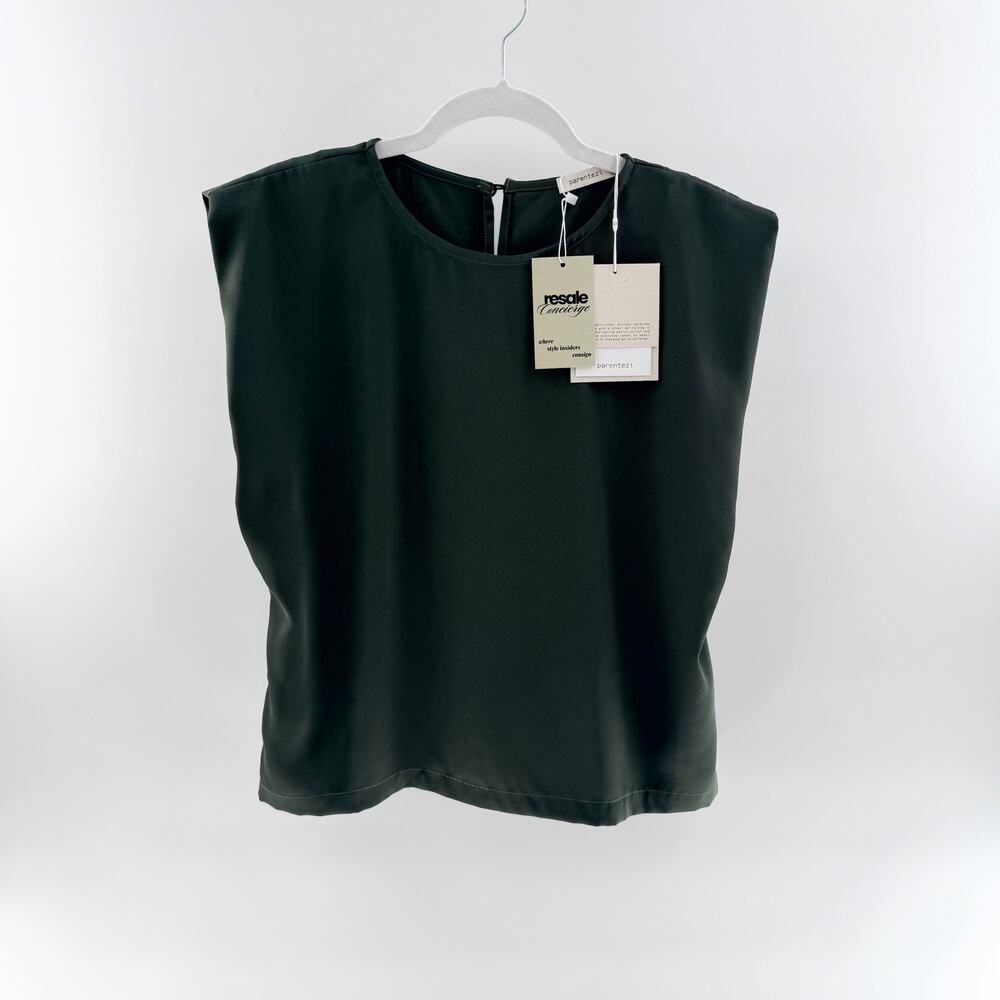 NWT Parentezi Ava Satin Round Neck Padded Shoulder Blouse Olive Green Womens M